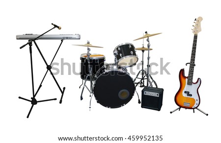 Set of musical instruments isolated on white background: guitar, synthesizer, combo amplifier and drums