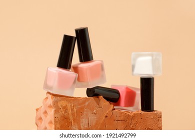 Set Of Nail Polish In Neautral Colors On Minimal Modern Brick Stone Product Display On Beige Background With Podium, Trendy Presentation Of Cosmetology Products, Beauty Industry, Copy Space