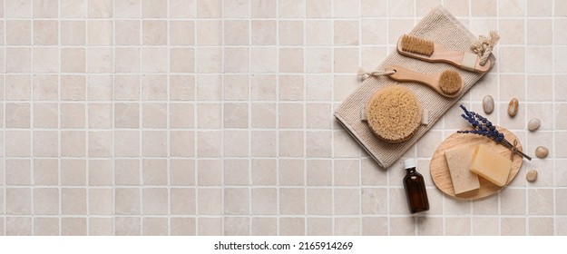 Set Of Natural Bath Supplies On Light Background With Space For Text