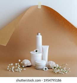 Set Natural Beauty Cosmetic Skincare Products With Flowers Sea Shells On Beige Background. White Kit Cream Tube Cosmetic Products For Body Treatment Skin Care Cosmetic Mockup. Minimalistic Squar