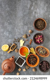 Set natural dried tea and teapot. Teatime. Tea ceremony concept. Top view. Flat lay. - Shutterstock ID 2124698999