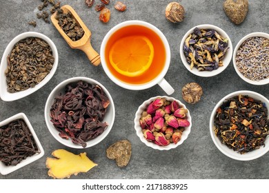 Set natural dried tea and teapot. Teatime. Tea ceremony concept. Top view. Flat lay.