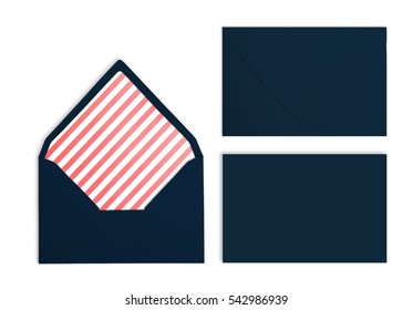 Set Of Navy Envelopes With Red Stripes Inside, Mockup. Collection On White Background. Wedding Stationary.