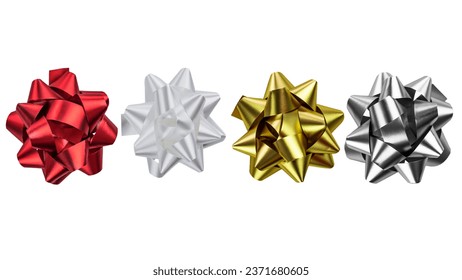 Set of neon foil bows, red, white, gold, silver color metallic with shadow on isolated white background. foil bow, decoration for holiday