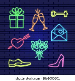 set of neon glowing icons for a holiday, birthday, engagement, wedding. eight characters on a dark brick wall background. stock illustration. - Powered by Shutterstock