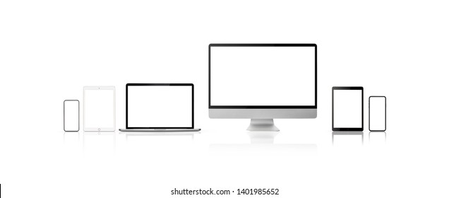 Set New Model Of Computer Display Or Desktop And Smartphone Laptop On White Background,Mockup Separate Groups