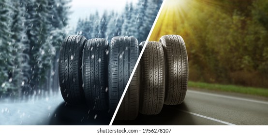 Set of new winter and summer tires on asphalt road, collage . Banner design