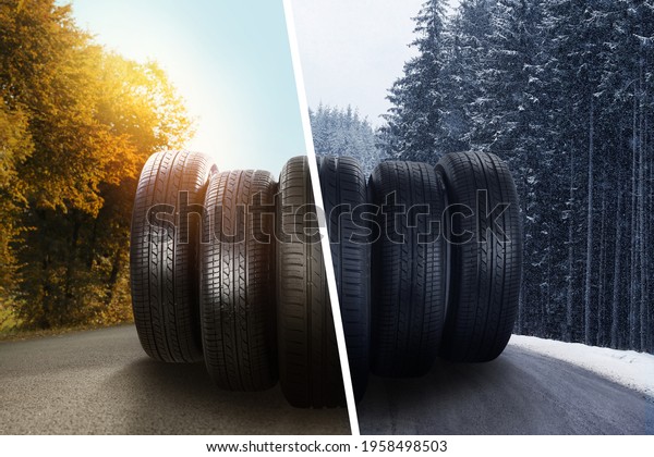 Set of new winter and summer tires on asphalt\
road, collage