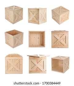 Set of new wooden crates on white background - Shutterstock ID 1700384449