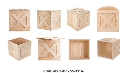 Set of new wooden crates on white background. Banner design - Shutterstock ID 1700384452