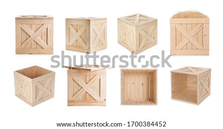 Set of new wooden crates on white background. Banner design