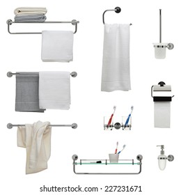 Set of nine bathroom objects - towel racks, toothbrush holder, toilet paper and soap dispensers