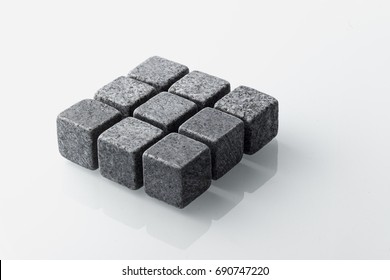 Set Of Nine Spirit Chilling Stones. Soapstone Rocks Are Carved In Cubes To Be Used As Drink Chiller (whisky, Bourbon ...) Various Type Of Raw Minerals Produces Different Colors, Such As Dark Grey. 