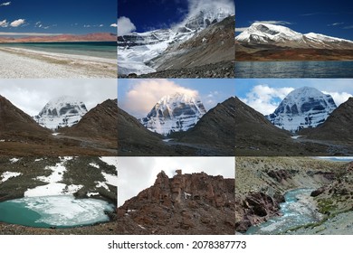 Set of nine Tibetan landscape with hills, mountains, rivers and lakes against the blue sky and clouds, Himalaya, Tibet China, near mountain Kailash. Himalaya traveling concepta