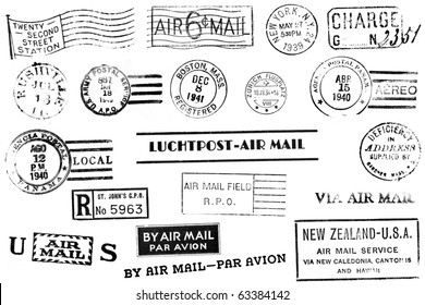 A set of nineteen large postal marks, mostly from the 1930s and 1940s, isolated on white.