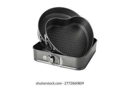 Set of nonstick springform baking pans in round, heart, and square shapes