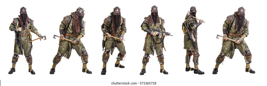 Set of nuclear post apocalypse survivors with homemade weapons and cold steel on white background. Life after doomsday concept