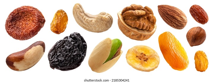 Set of nuts and dried fruits isolated on white background - Shutterstock ID 2185304241
