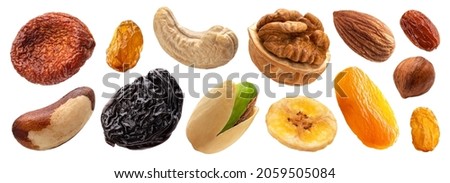 Set of nuts and dried fruits isolated on white background