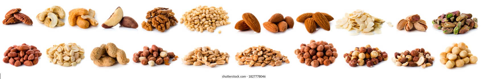 Set of Nuts Walnuts, Brazil Nut, Almond, cashew, Pine Nut peanuts, pistachios, pecans collection Isolated, Set of different delicious organic nuts on white background - Shutterstock ID 1827778046