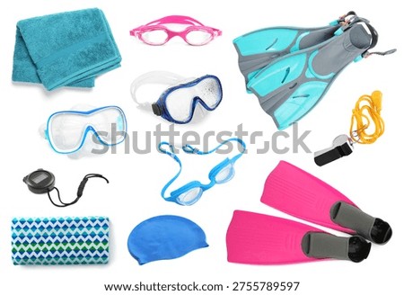 Set of objects for swimming lesson isolated on white