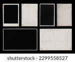 Set of Old Black Empty Aged Vintage Retro Damaged Paper Cardboard Photo Card. Blank Frame. Front and Back Side. Rough Grunge Shabby Scratched Texture. Distressed Overlay Surface for Collage