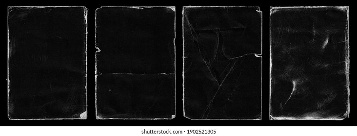 Набор старых черных пустых состаренных поврежденных бумажных картонных картонных картонных фотокарт. Грубый гранж потертая поцарапанная рваная текстура. Проблемная оверлейная поверхность для коллажа. Высокое качество.