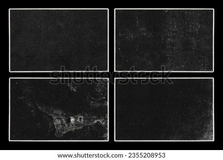 Set of Old Black Empty Aged Vintage Retro Damaged Paper Cardboard Photo Card. Blank Frame. Rough Grunge Shabby Scratched Texture. Distressed Overlay Surface for Collage