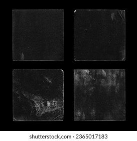Set of Old Black Square Empty Aged Damaged Paper Cardboard Photo Card Isolated on Black.  Folded Edges. Square CD Vinyl Cover Package Envelope. Rough Grunge Shabby Scratched Torn Ripped Texture.