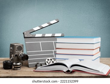 Set Old Books And Movies Slate On The Desk