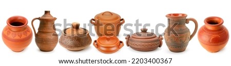 Set of old ceramic kitchen tools - retro equipment of cooking isolated on white background. Panoramic collage. Wide photo .