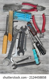 Set Of Old Hand Tools On Wood Background