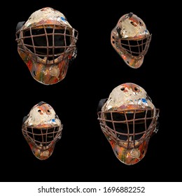 Set Of Old Hockey Mask For Goalkeeper Protection Isolated On Black Background