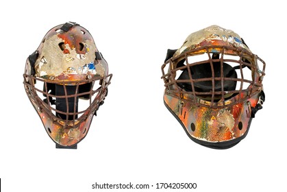 Set Old Hockey Mask For Goalkeeper Protection Isolated On White Background