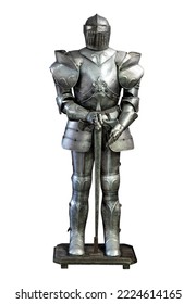 Set of old knight armor with metal parts placed on stand isolated on white background