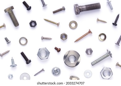 Set Of Old Metal Screw, Bolt Head, Nut, Washer And Nail Tool Isolated On White Background