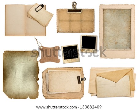 set of old paper sheets, book, pages, cards isolated on white background