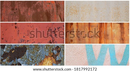 Set of old rusty metal textures. Rough dirty metal surface with rust. Collection of panoramic backgrounds for design.