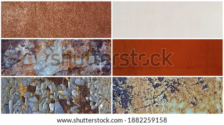 Set of old rusty metal textures. Rough dirty metal surface with rust. Collection of panoramic backgrounds for design.
