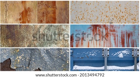 Set of old rusty metal textures. Rough dirty metal surface with rust. Collection of panoramic backgrounds for design.