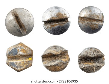 Set of old rusty screw heads and corroded metal fasteners isolated on white background, showing wear, oxidation, damage, and industrial texture details.