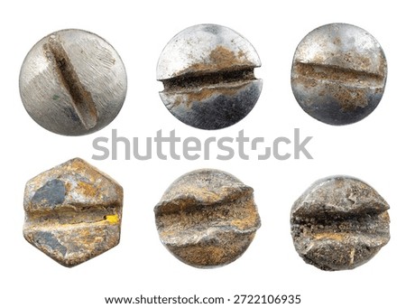 Set of old rusty screw heads and corroded metal fasteners isolated on white background, showing wear, oxidation, damage, and industrial texture details.