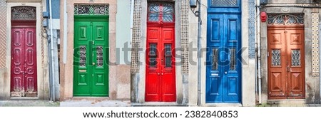 Set of old traditional wooden doors with wrought iron door knockers in Portugal. Collage of door