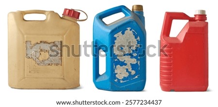 set of old used different types of plastic cans or containers isolated white background, light beige, blue, red color empty waste gallon canisters