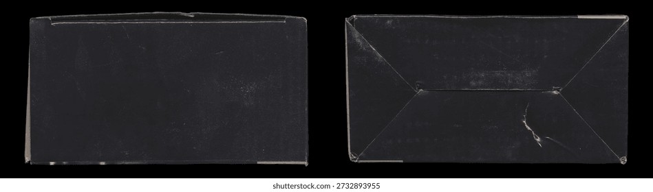 Set of old vintage black rectangular box top and bottom views isolated on black background