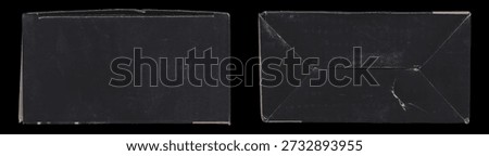 Set of old vintage black rectangular box top and bottom views isolated on black background