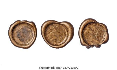 Set of old vintage golden wax seals or stamps for retro mail envelope isolated on white background - Shutterstock ID 1309259290