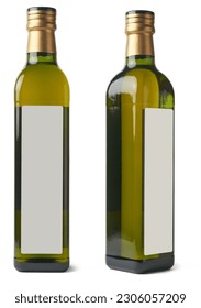 set of olive oil glass bottle with blank label isolated on white background, popular oil derived from olives, used around the world and mediterranean cuisine, mock-up template in different angles - Shutterstock ID 2306057209