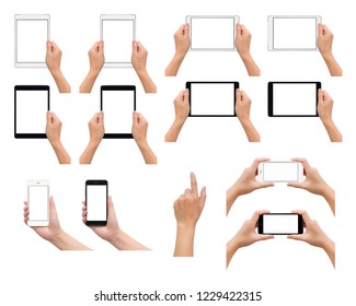 Set Of One And Two Human Hand In Holding, Using Or Taking Photo Gesture With Smartphone And Tablet In Black And White Colors Isolate On White Background,  Low Contrast For Retouch Or Graphic Design