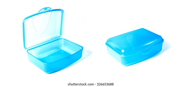 Set Of Open And Closed Plastic Lunchbox Isolated On White